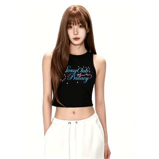 BOSSY เสื้อกล้ามสาว สไตล์อเมริกันวินเทจ ลายเพชรและตัวอักษร สไตล์แซ่บเซ็กซี่ ผ้าฝ้ายแท้ 100%#C+5848