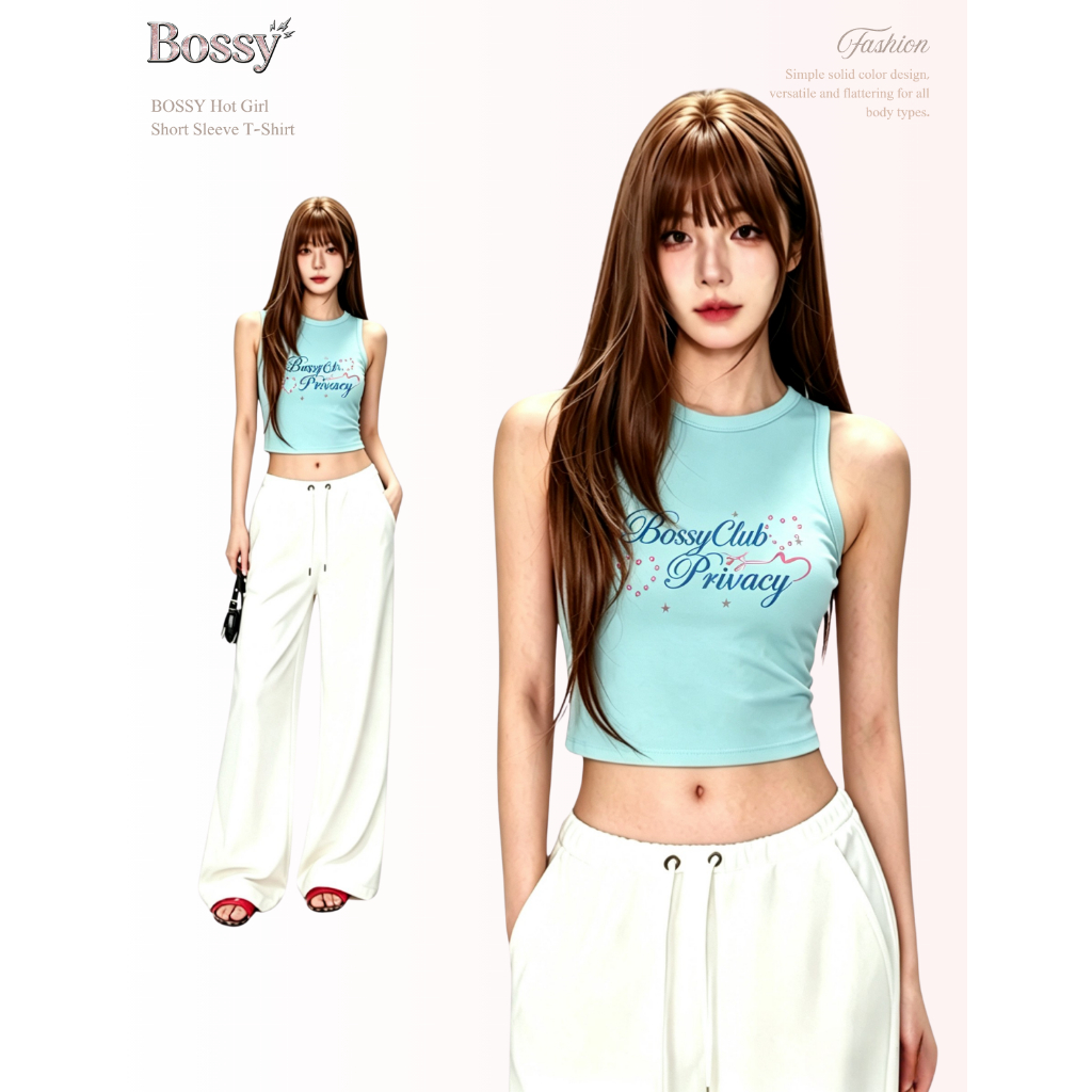 BOSSY เสื้อกล้ามสาว สไตล์อเมริกันวินเทจ ลายเพชรและตัวอักษร สไตล์แซ่บเซ็กซี่ ผ้าฝ้ายแท้ 100%#C+5848