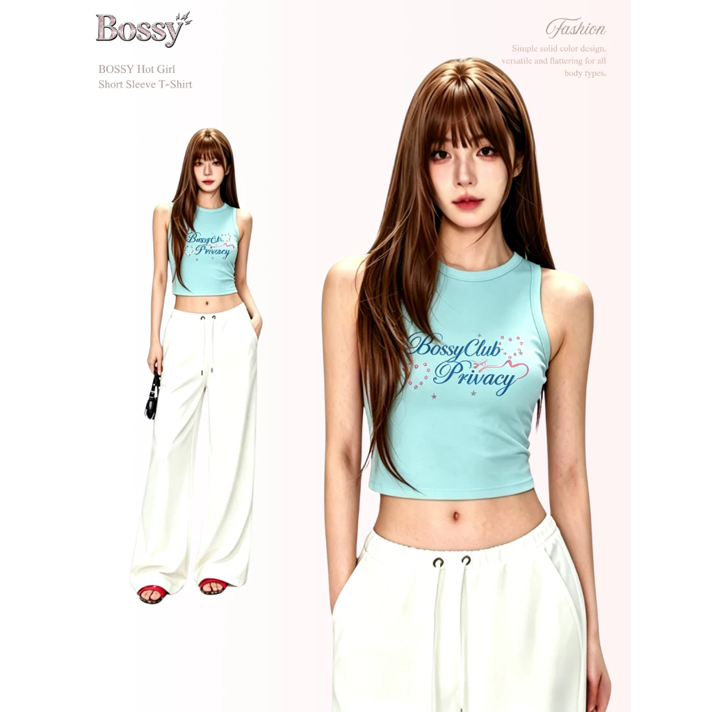 BOSSY เสื้อกล้ามสาว สไตล์อเมริกันวินเทจ ลายเพชรและตัวอักษร สไตล์แซ่บเซ็กซี่ ผ้าฝ้ายแท้ 100%#C+5848
