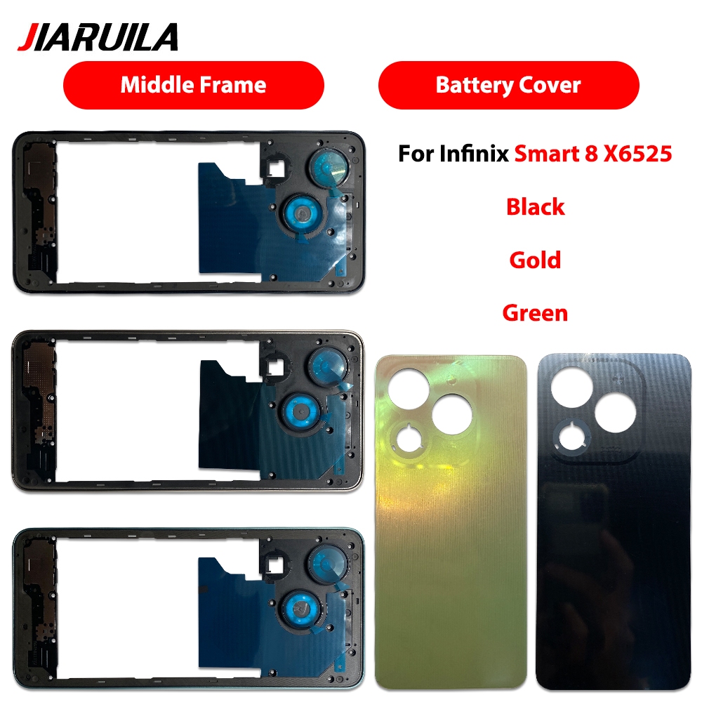 สำหรับ Infinix Smart 8 X6525 ฝาหลังแบตเตอรี่ กระจกด้านหลัง ฝาหลังพร้อมกาว + การเปลี่ยนชิ้นส่วนกรอบกลางด้านหน้า LCD