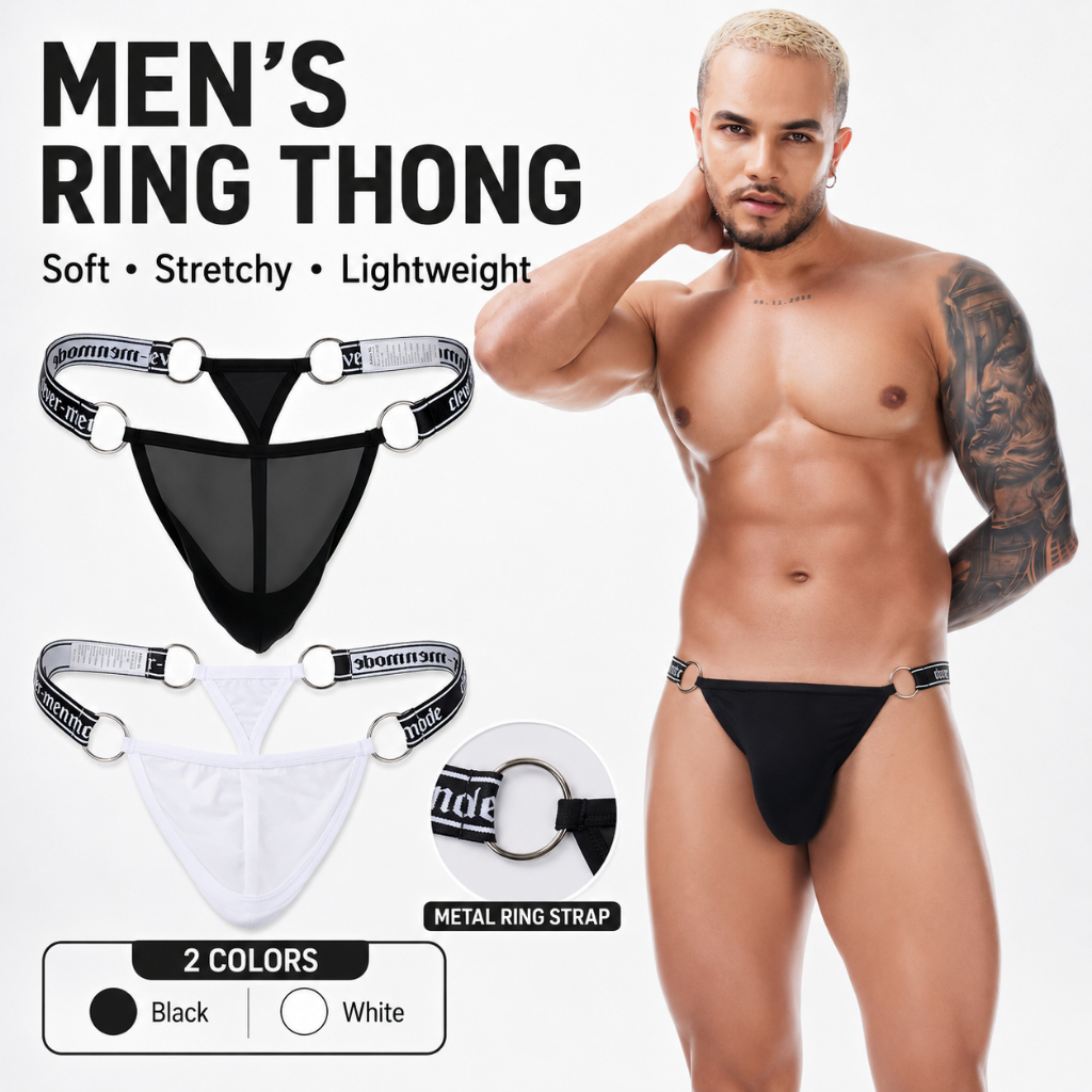 Mens Low-Rise Ring G-string Thong พร้อมสายรัดโลโก้ยืดหยุ่นและโอริงโลหะ