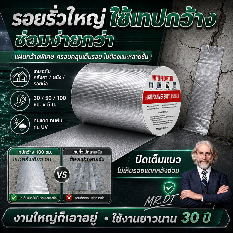 เทปกาวกันรั่ว เหมาะสําหรับการซ่อมแซมกันน้ําและรั่วซึมทั้งหมด100% มีรุ่นต่างๆ จำหน่าย เทปติดหลังคากันรั่ว