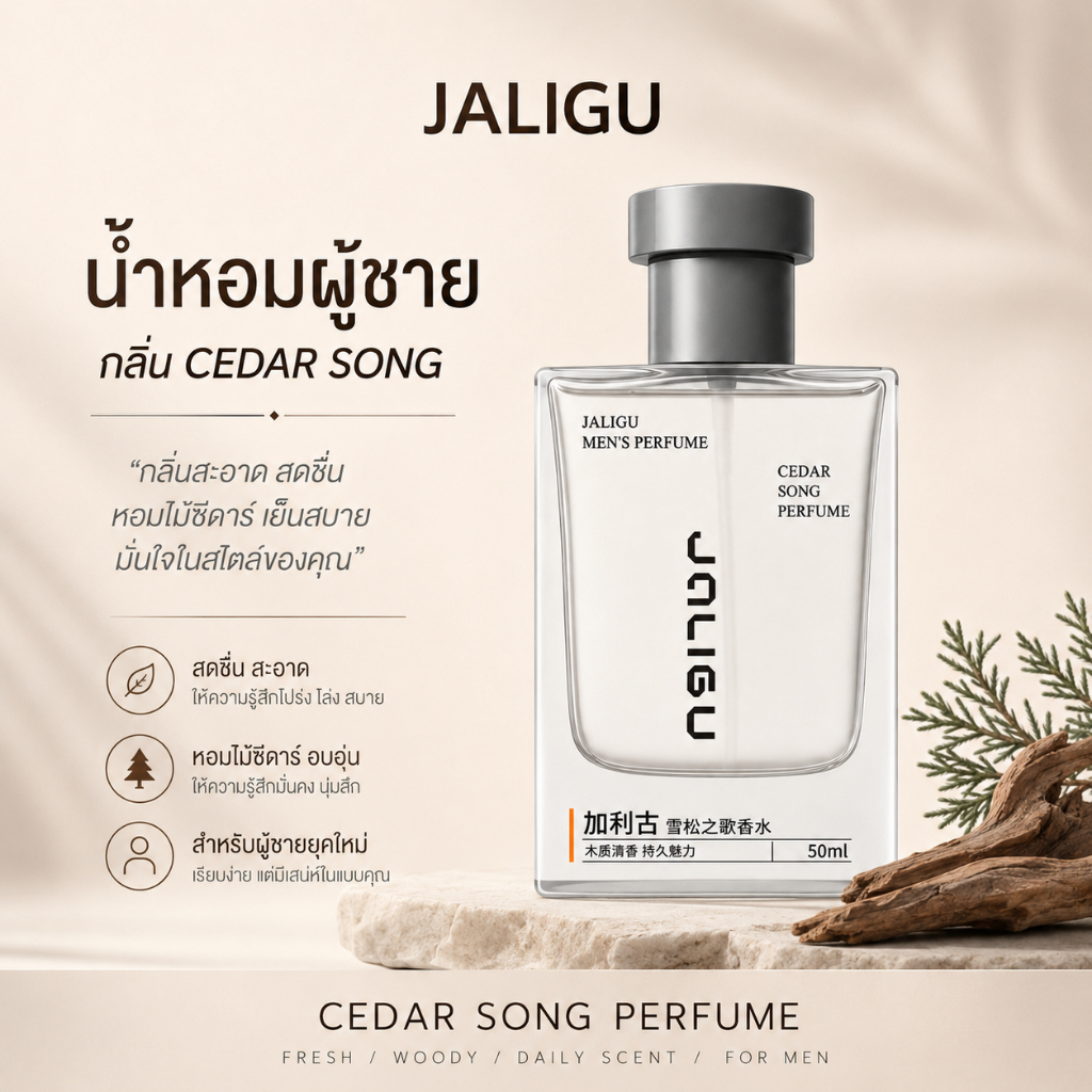 JALIGU Mens PERFUME CEDAR SONG WOODY FLORAL กลิ่น BIRTHDAY GIFTS FOR BOY FRIEND 50ML