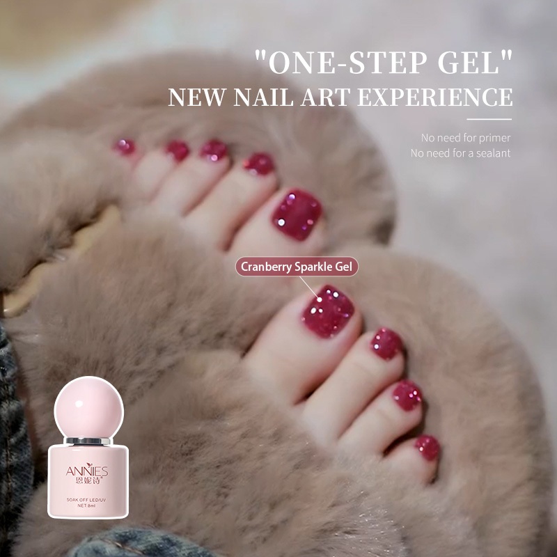 ANNIES เจลทาเล็บขั้นตอนเดียว 8ml สีชมพูกุหลาบประกายกลิตเตอร์ เจล 3‑in‑1 ไม่ต้องใช้เบสและท็อปโค้ท เจลอาร์ตเล็บ