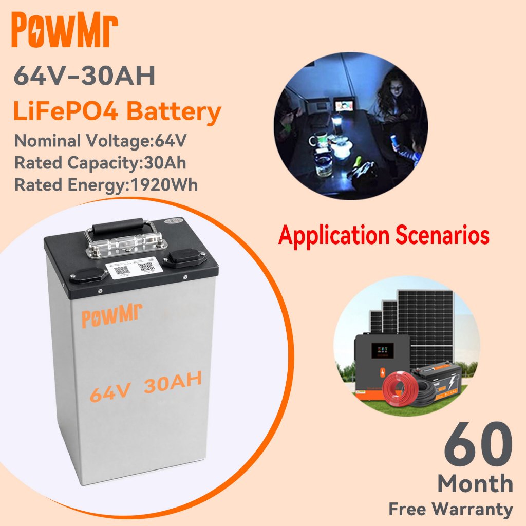 PowMr 64V 30Ah LiFePO4 แบตเตอรี่ Built-in Full BMS 4000 + Deep Cycles 1920Wh ความจุขนาดใหญ่ 12.25 กก.แบบพกพาโลหะกรณี 5Y รับประกันสําหรับ E-Bike สกู๊ตเตอร์พลังงานแสงอาทิตย์ Home สํารอง Power