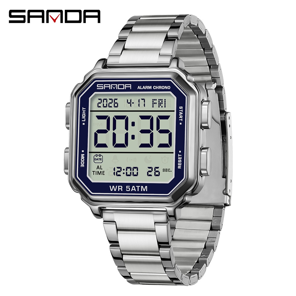 SANDA 6379 Square Retro ผู้ชายนาฬิกาดิจิตอลมัลติฟังก์ชั่นกันน้ําชายแฟชั่น Sporty นาฬิกาอิเล็กทรอนิกส