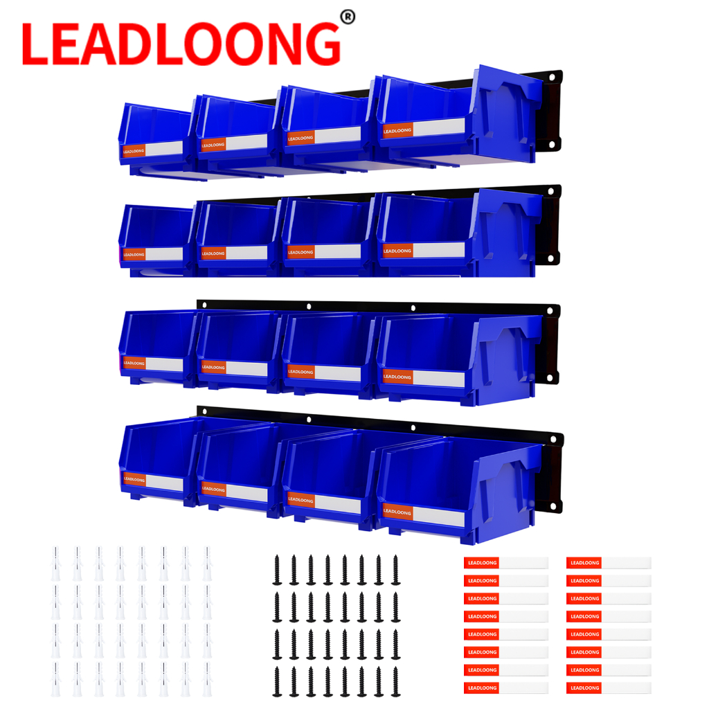 LEADLOONG ถังเก็บของติดผนัง 49.7*11.4 ซม. แผงโลหะสําหรับออแกไนเซอร์กล่องอะไหล่ชิ้นส่วน กล่องอะไหล่ 16x และราง 4x ชั้นวางเครื่องมือโรงรถ