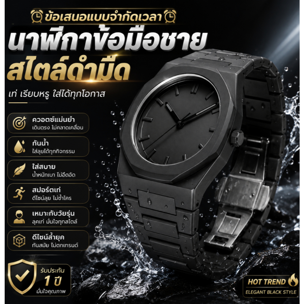 ⏰คุณภาพสูงสุด คุ้มค่าที่สุด⏰นาฬิกาข้อมือชาย สไตล์ดำมืด นาฬิกาควอตซ์สีดำ สง่างาม นาฬิกาข้อมือผู้ชาย นาฬิกา กันน้ำ สปอร์ต นน้ำ ใส่สบาย เหมาะกับวัยรุ่น กีฬา ดีไซน์เท่ๆ ล้ำยุค