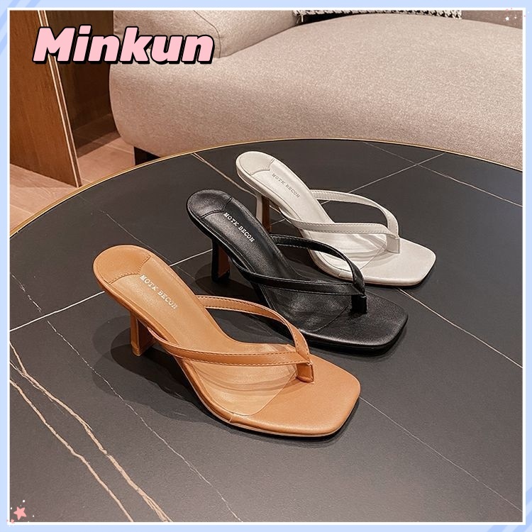 Minkun Heels Square Open Toe Slip On Mules สุภาพสตรีรองเท้าแตะส้นสูงวงบาง