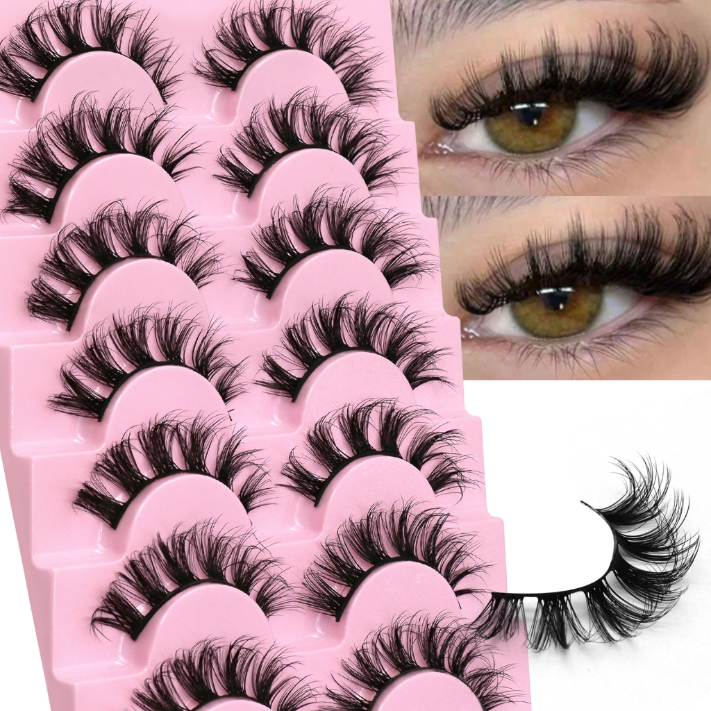 7 คู่ Fluffy Wispy Faux Mink ขนตาปลอม, D Curl Dramamatic Volume Strip Lashes, Reusable Soft Full Volume Eye Lashes