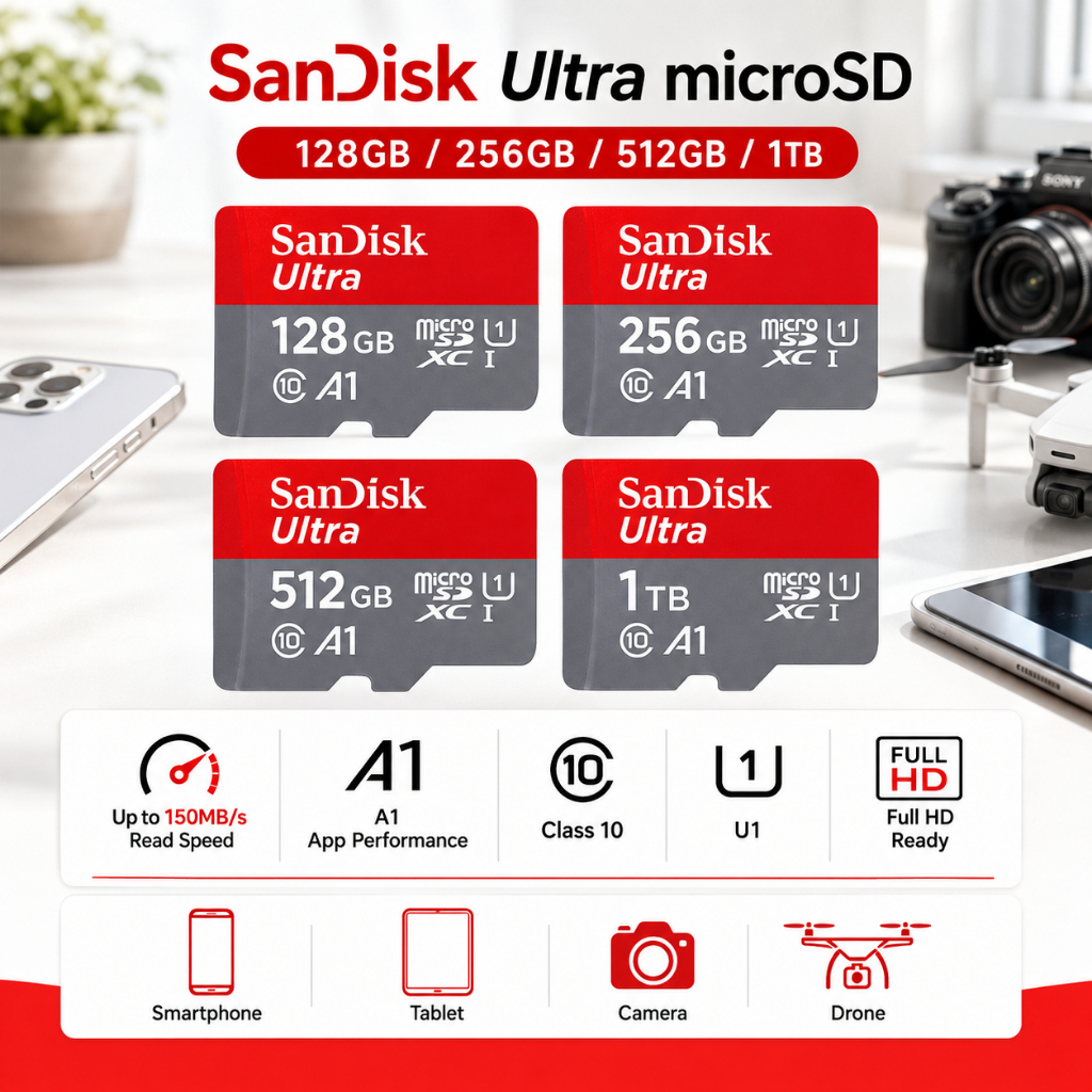 SanDisk Ultra MicroSDXC UHS-I การ์ดหน่วยความจํา C10 140 เมกะไบต์/วินาที 128GB 256GB 512GB 1TB การ์ด SD