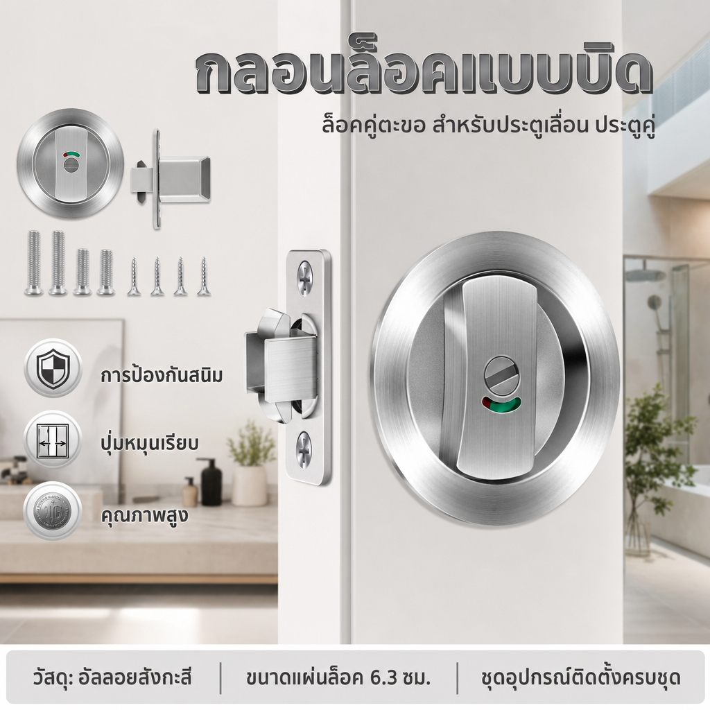 ชุดอุปกรณ์ล็อคประตูบานเลื่อน โลหะผสมสังกะสี แบบหนา ทรงกลม กลอนล็อคแบบบิด กลอนหมุนประตู กันสนิม ระบบล็อคแน่นหนา ปลอดภัย100%