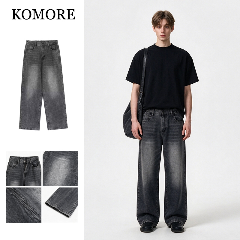 Komore กางเกงยีนส์ผู้ชายขากว้างสีดำฟอกขาว ทรงขาตรงหลวมๆ วินเทจอเมริกัน baggy jeans ใส่สบาย เท่ๆ เข้า