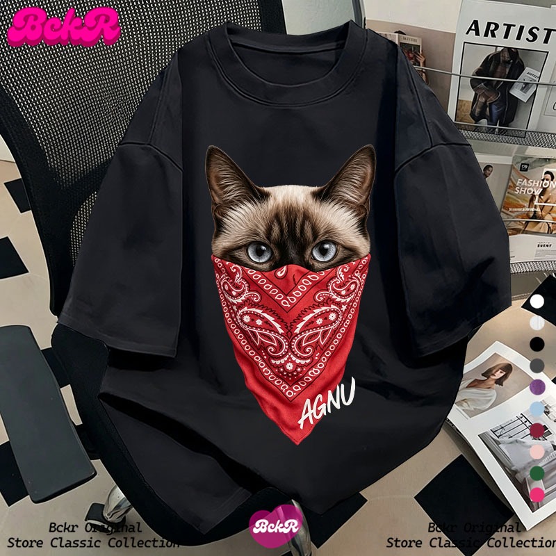 【จัดส่งตลอด 24 ชั่วโมง】🔥BCKRสไตล์สตรีทลายแมว tshirt คอกลมเสื้อ🐱oversize ผู้หญิงชุดหน้าร้อน YG20