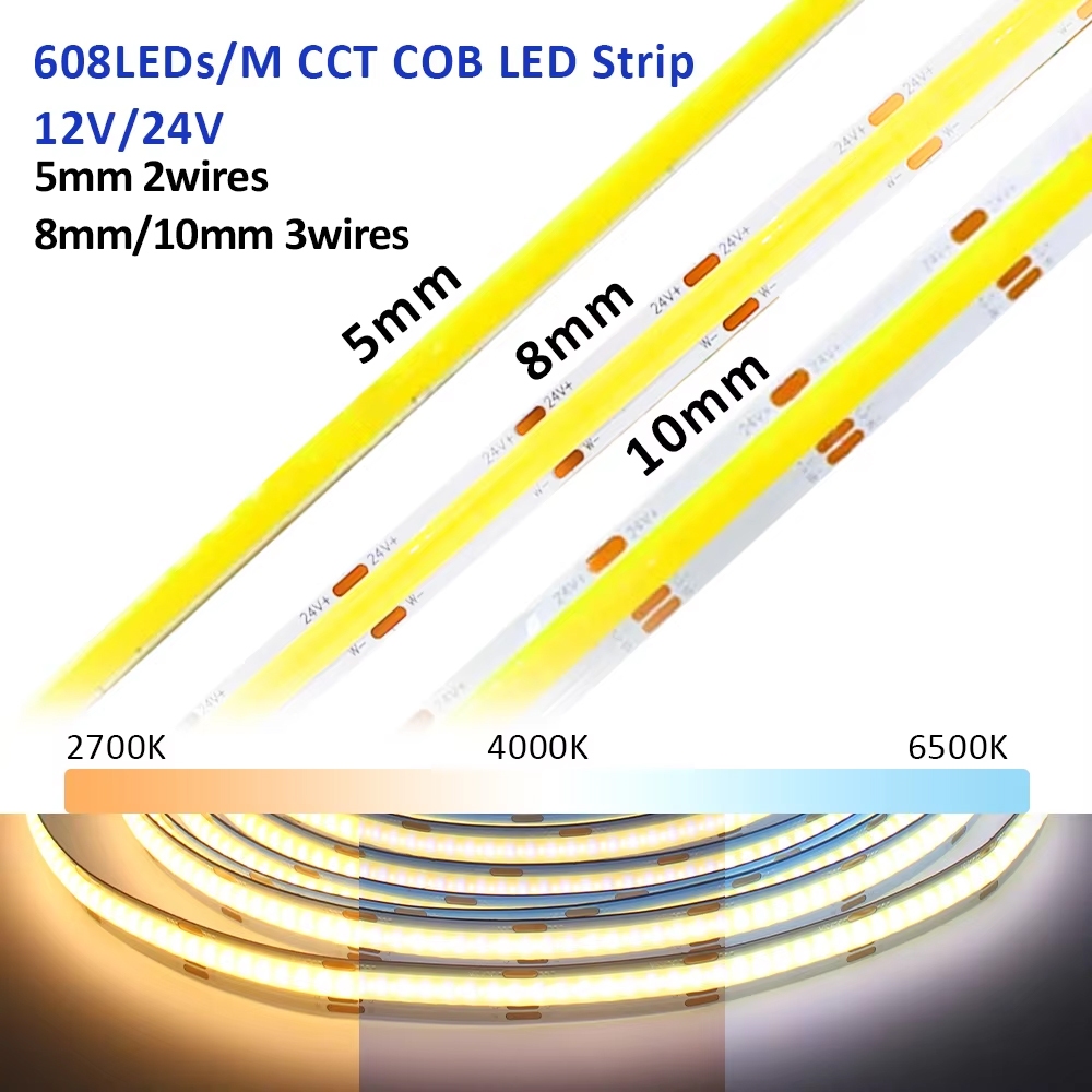 DC 12V 24V CCT COB LED Strip Light 5 มม.8 มม.10 มม.608 LEDs/m 2700K ถึง 6500K LED เทป Linear สีคู่ RA90 หรี่แสงได้ริบบิ้นโคมไฟ