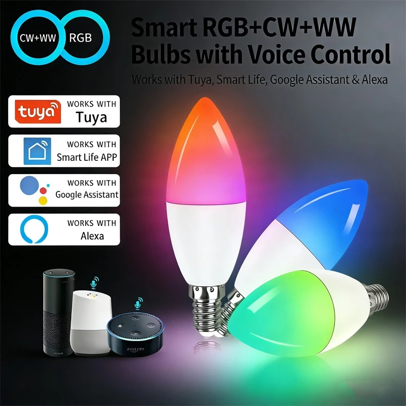 tuya rgb smart wifi ไฟ LED หลอดไฟ 6W E14 AC220V แอพควบคุมหลอดไฟ LED ทำงานร่วมกับ Alexa Google Assistant สำหรับการตกแต่งบ้าน