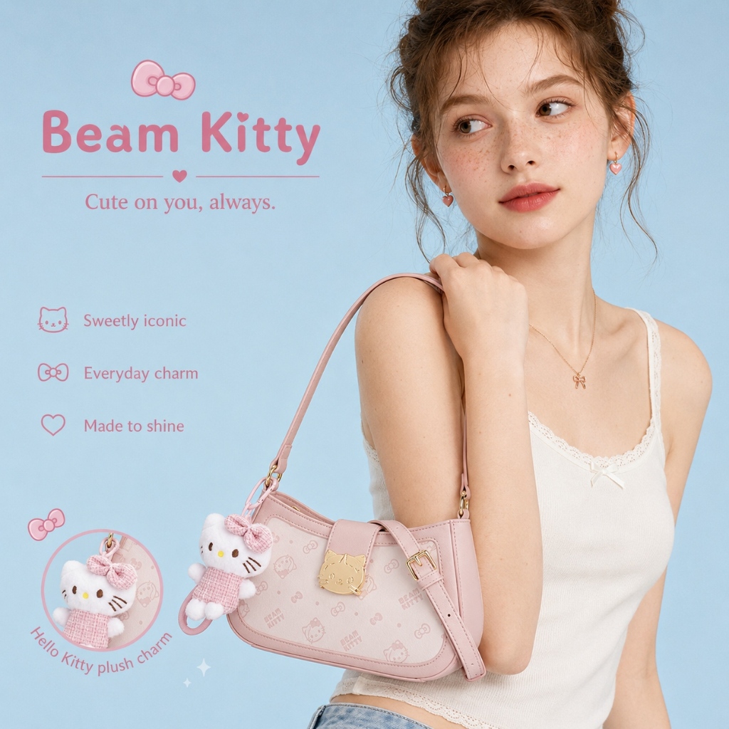 Beam Kitty กระเป๋ารูปทรงเกี๊ยวสีชมพูและขาว รูปที่ 7