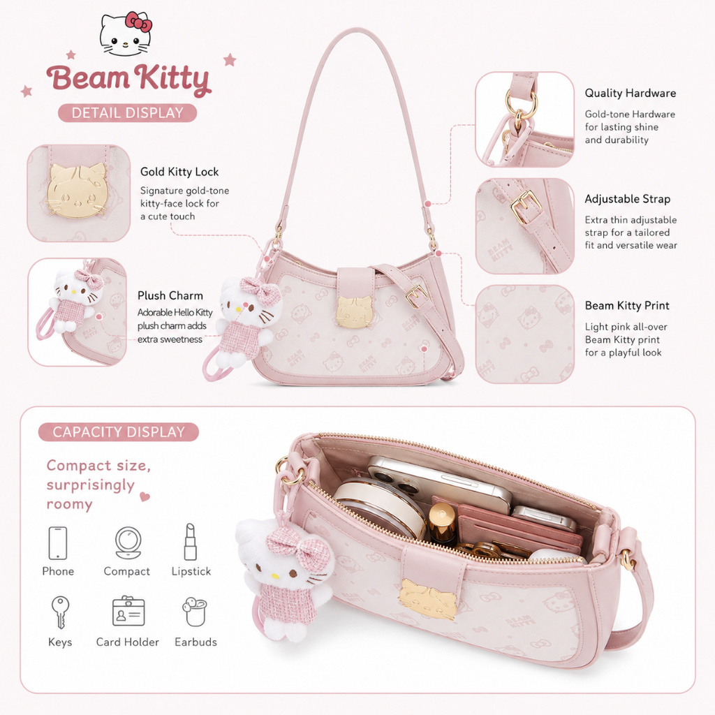 Beam Kitty กระเป๋ารูปทรงเกี๊ยวสีชมพูและขาว รูปที่ 6