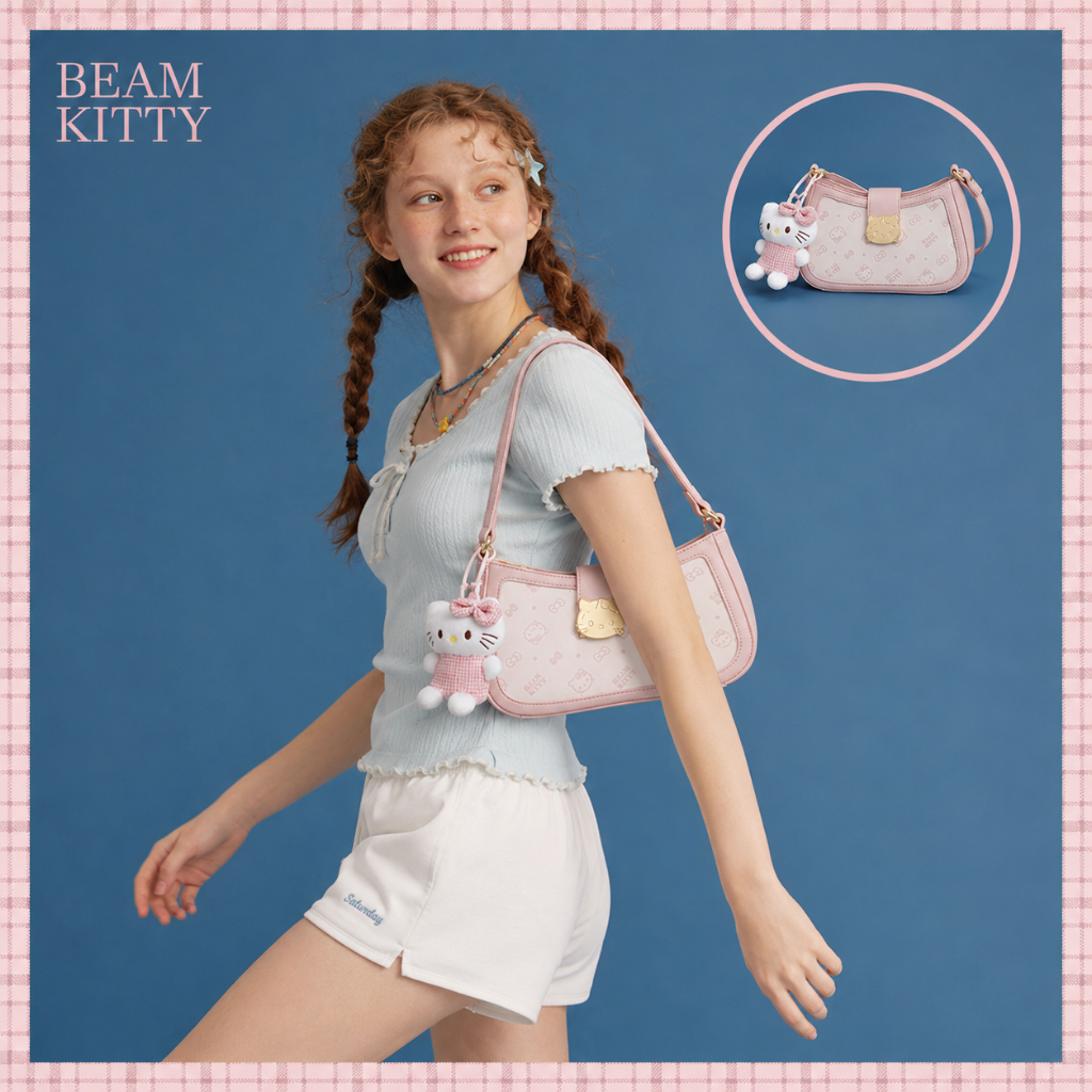 Beam Kitty กระเป๋ารูปทรงเกี๊ยวสีชมพูและขาว รูปที่ 4