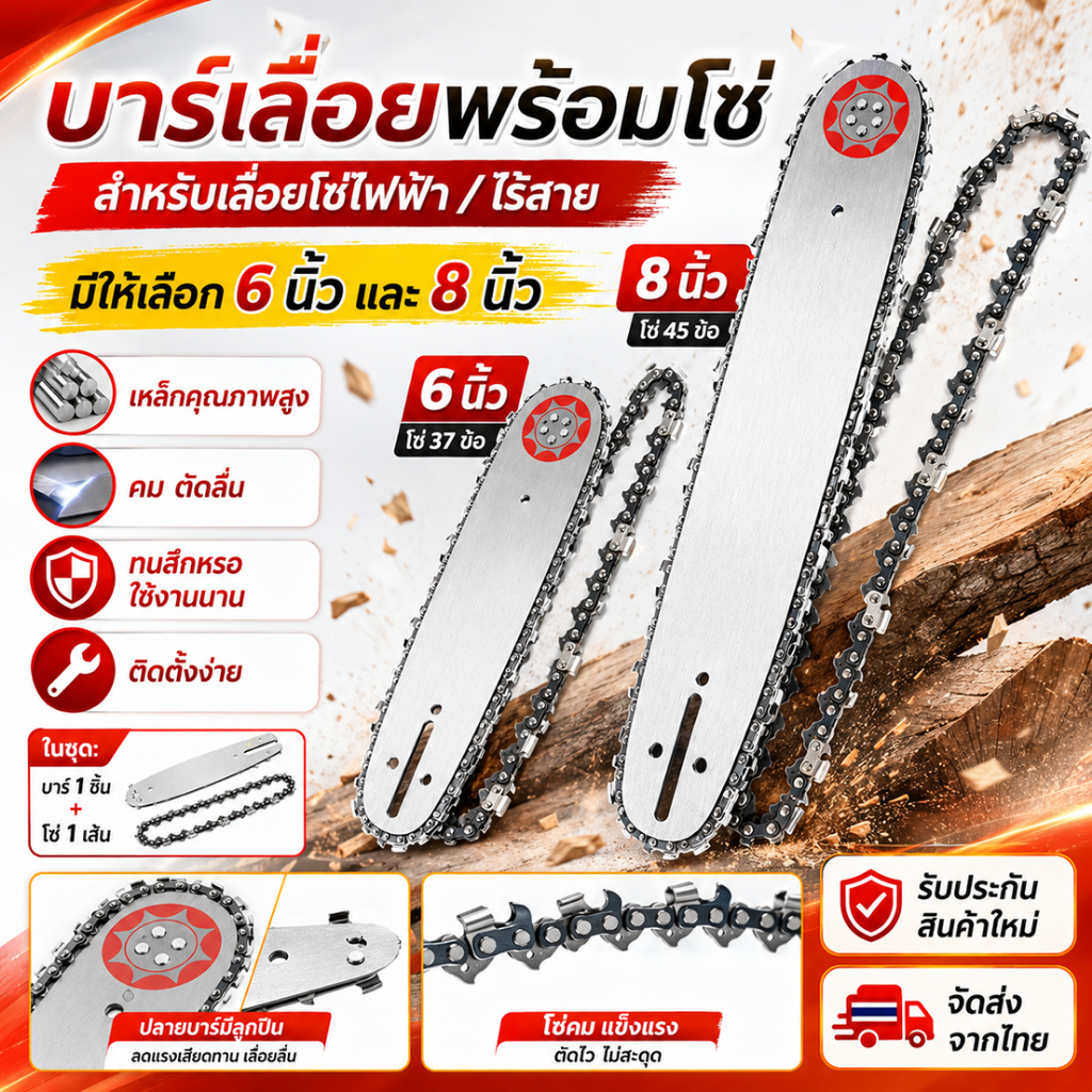 บาร์เลื่อยพร้อมโซ่ 6/8 นิ้ว อะไหล่เลื่อยโซ่ไฟฟ้าและไร้สาย เหล็กแข็งแรง โซ่คม ตัดลื่น ทนสึก ติดตั้งง่าย พร้อมส่งจากไทย