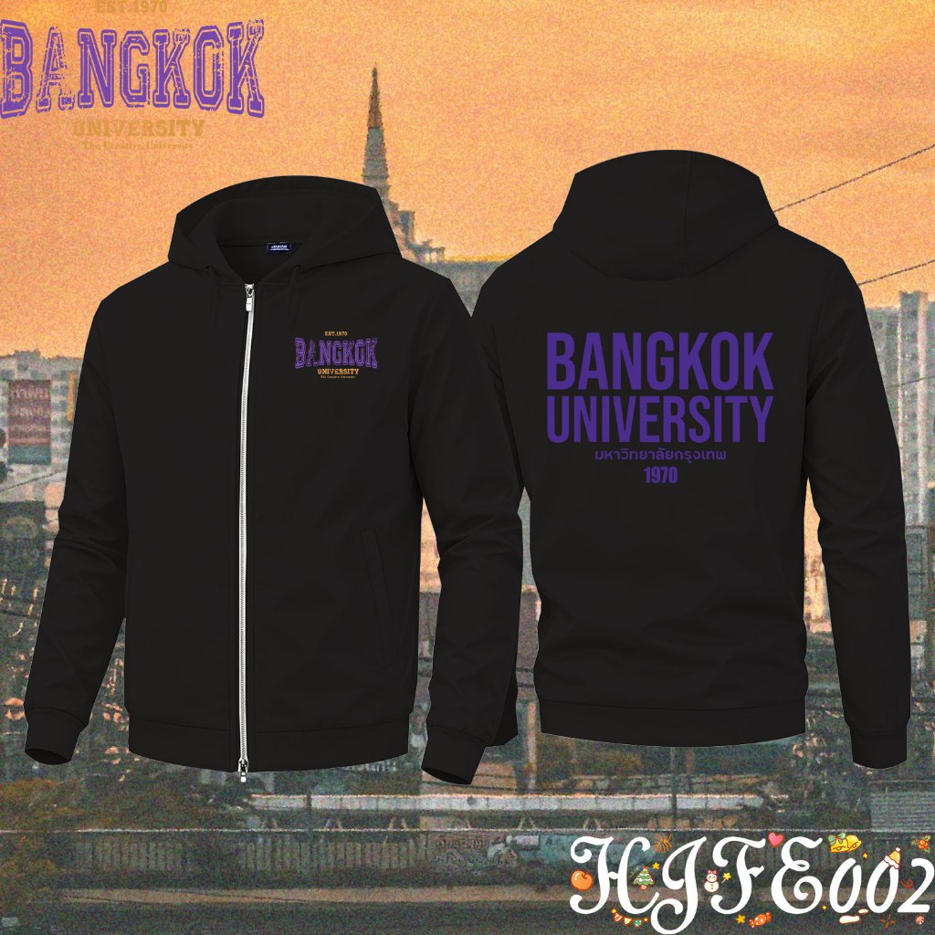Bangkok University ชุดทำงาน Zip-up Hoodie Printed เสื้อฮู้ดแขนยาวผ้าฝ้าย Unisex Stand Collar Sweatsh