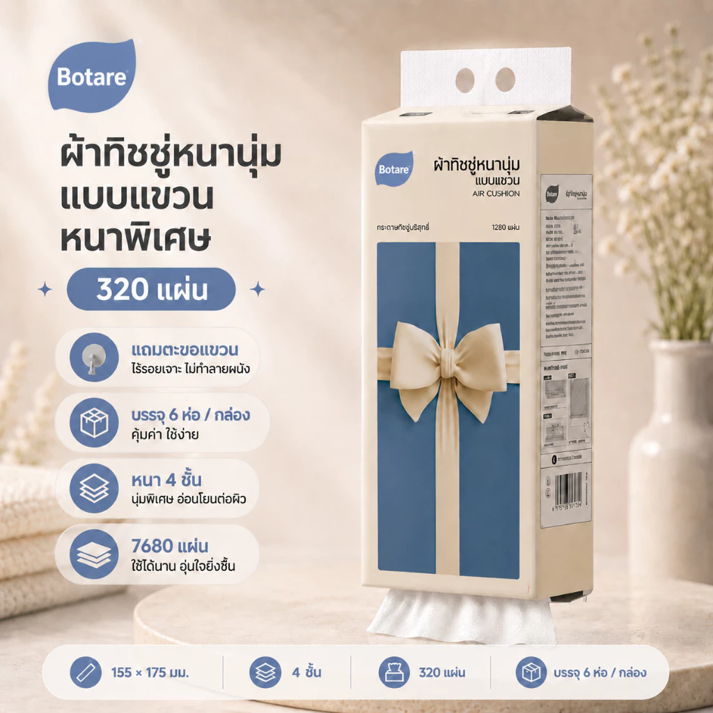 Botare ทิชชู่ โยนทิ้งไป 4 ชั้น 1280 แผ่น 175*155 มิลลิเมตร ทิชชู่แขวนผนัง กระดาษทิชชู่เด็กหนาผ้าขนหนูเช็ดหน้าทนครัวแขวนทิชชู่