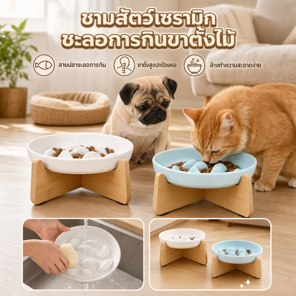 ยกชามเซรามิกแมวพร้อมขาตั้งไม้สูงช้าป้อนอาหาร 6.41.14 นิ้ว ป้อนช้า กันลื่น ป้องกันอาเจียน