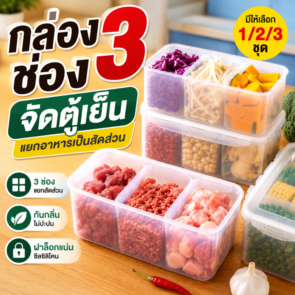 กล่องจัดระเบียบตู้เย็น 3 ช่อง กล่องใส่อาหาร แยกเก็บอาหาร ฝาล