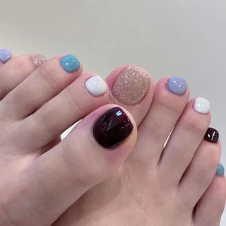 24 ชิ้น/กล่องtoe เล็บกาวแฟชั่นสแควร์สั้นคลุมทั้งหมดปลอม Toenails เล็บปลอมฝรั่งเศส