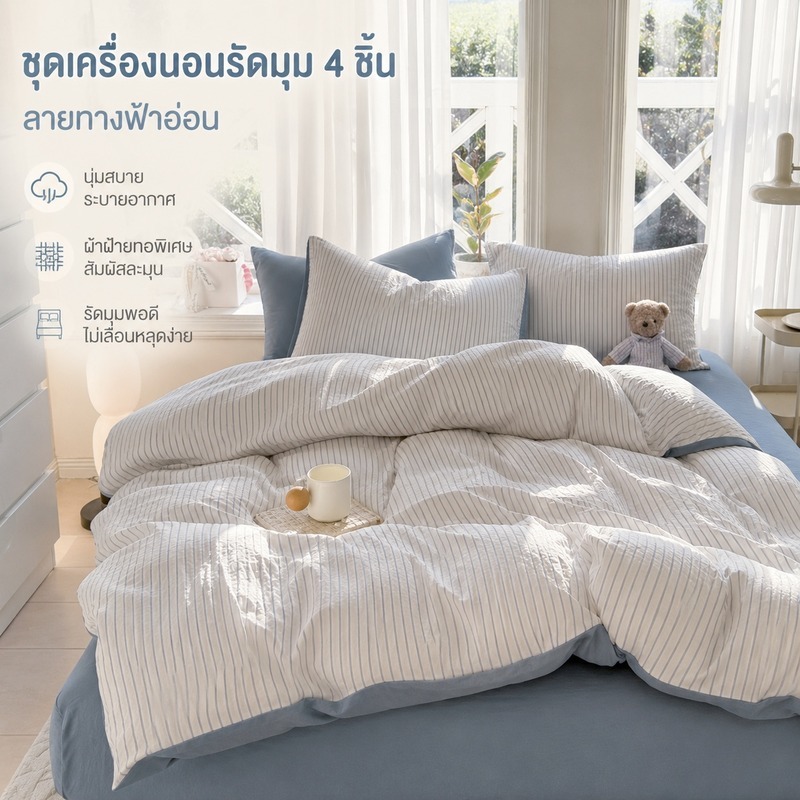 ชุดผ้าปูที่นอนรัดมุม 4 ชิ้น สบายทุกคืน สบายหรูสำหรับ เหมาะกับบ้านและคอนโด