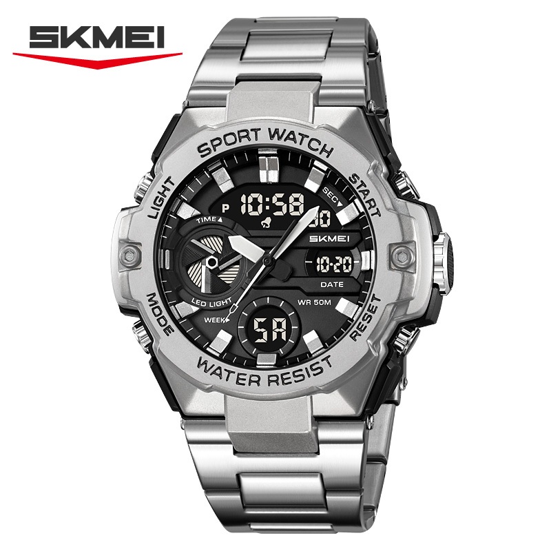 SKMEI 2404 นาฬิกาข้อมือผู้ชาย สายสแตนเลส กันน้ำ 50 เมตร เรืองแสง มัลติฟังก์ชัน จอแสดงผลคู่ ดิจิทัล นาฬิกากีฬา