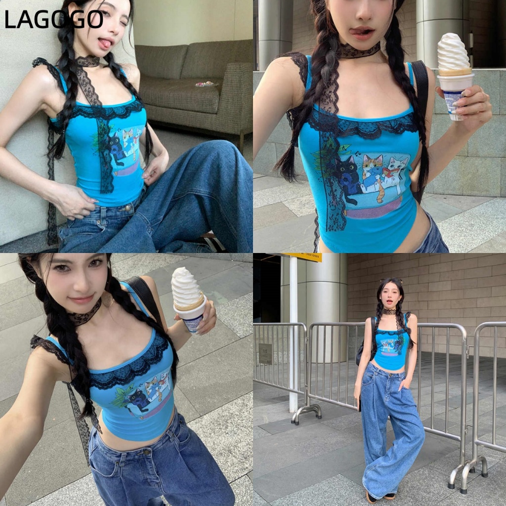 [คลังสินค้าพร้อม] สีฟ้าน่ารักพิมพ์ลูกไม้เชือกแขวนคอคอลําแสงสวมใส่ด้านนอกยกทรงผู้หญิงฤดูร้อนรูปแบบใหม่สลิมฟิตสั้นด้านบน ก139
