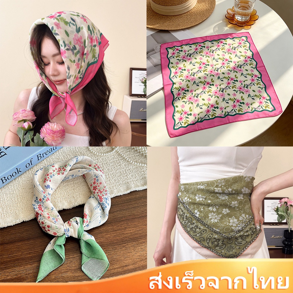 ผ้าพันคอซาติน อินเทรนด์วินเทจ ผ้ามัดผมเกาหลี ลายสวยสีสดใส