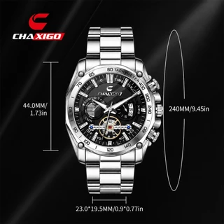CHAXIGO นาฬิกาข้อมือผู้ชาย หน้าปัดใหญ่ 44 มม. สายสแตนเลส กันน้ำ 30 ม. มีวันที่และเข็มเรืองแสง รุ่น 7667-1