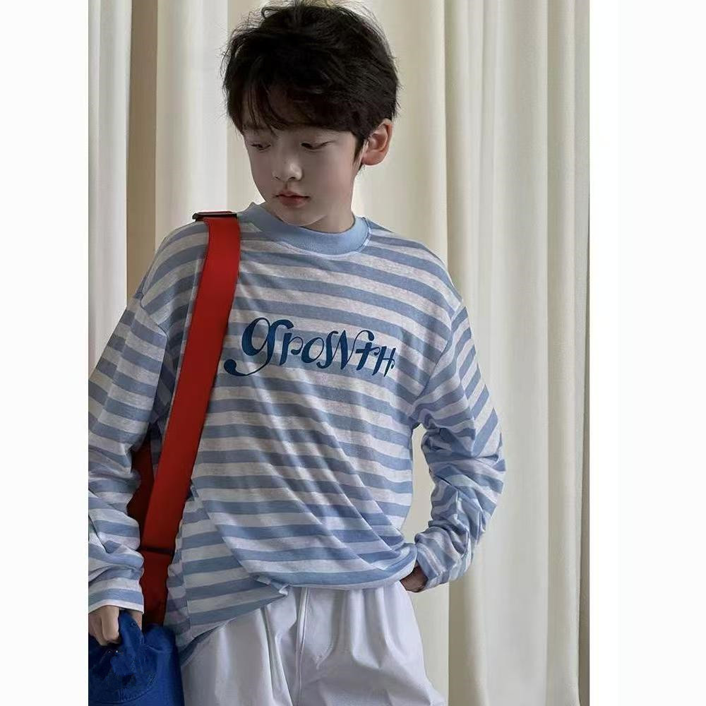 เสื้อยืดแขนยาวลายทางน้ำหนักเบาสำหรับเด็กผู้ชาย สไตล์ฤดูร้อน ทันสมัย
