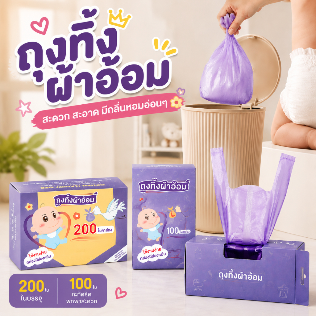 ถุงขยะกลิ่นแป้งเด็ก ดับกลิ่น ถุงขยะใช้ในรถ 100/200 ถุง/กล่อง