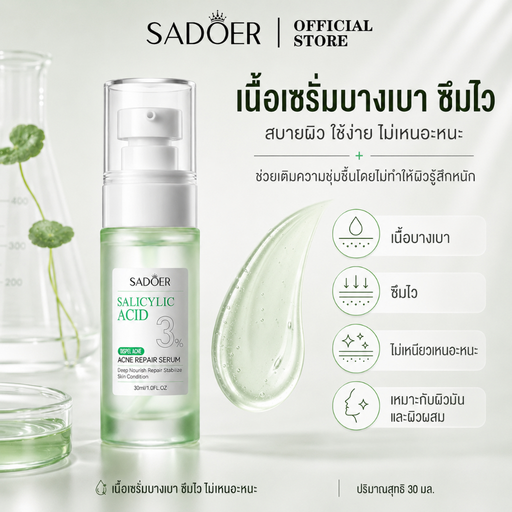 SADOER3% ซาลิไซลิก แอซิด แอคเน่ เซรั่ม ช่วยลดขนาดรูขุมขนและปรับสภาพผิวที่เป็นสิวง่ายและรอยแผลเป็นจากสิว — صورة 5