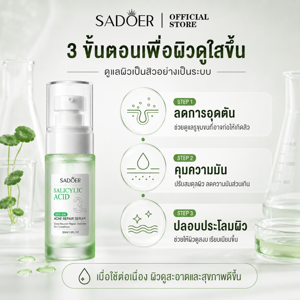 SADOER3% ซาลิไซลิก แอซิด แอคเน่ เซรั่ม ช่วยลดขนาดรูขุมขนและปรับสภาพผิวที่เป็นสิวง่ายและรอยแผลเป็นจากสิว — صورة 6