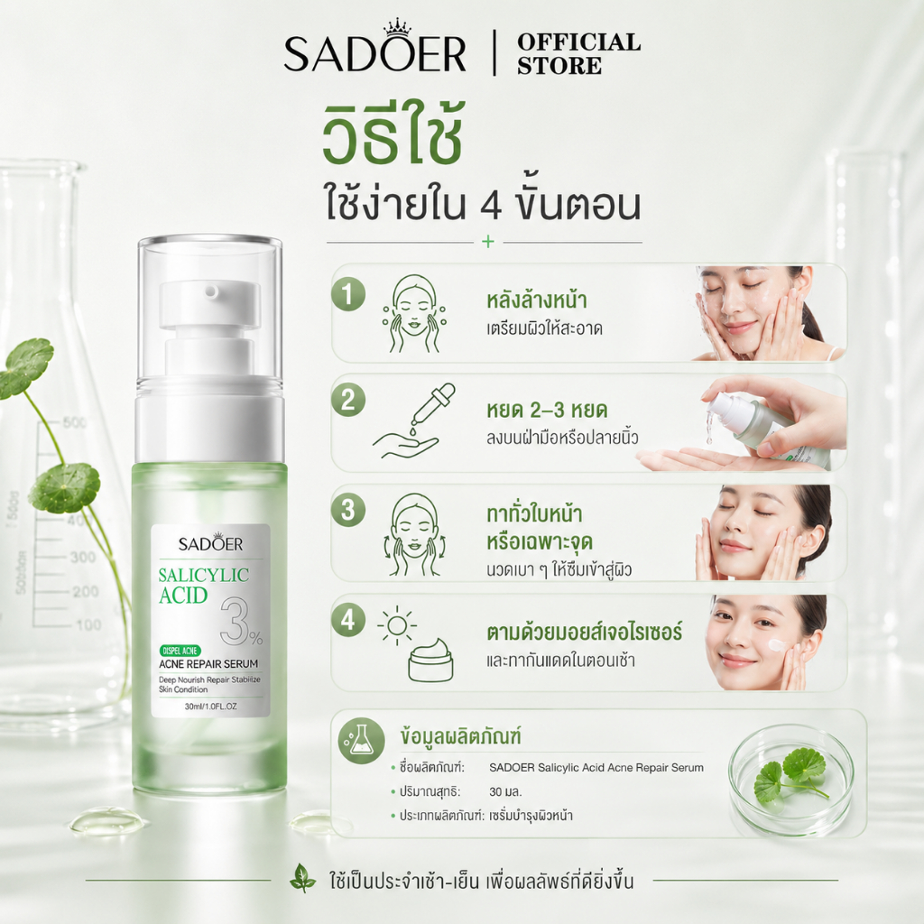 SADOER3% ซาลิไซลิก แอซิด แอคเน่ เซรั่ม ช่วยลดขนาดรูขุมขนและปรับสภาพผิวที่เป็นสิวง่ายและรอยแผลเป็นจากสิว — صورة 3