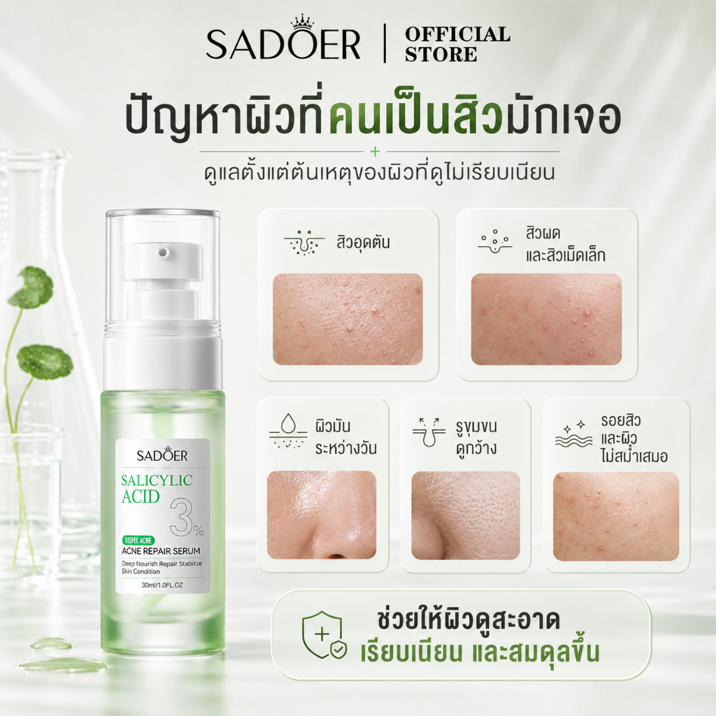 SADOER3% ซาลิไซลิก แอซิด แอคเน่ เซรั่ม ช่วยลดขนาดรูขุมขนและปรับสภาพผิวที่เป็นสิวง่ายและรอยแผลเป็นจากสิว — صورة 2