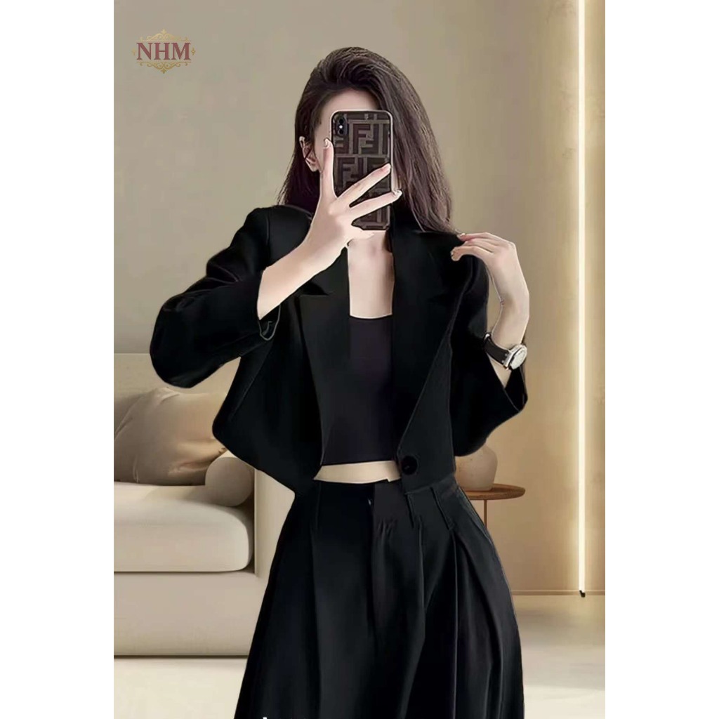 สินค้าจุด-Cropped Blazer ผู้หญิง All-match โค้ททรงหลวม อังกฤษสไตล์ ปลอกที่คอ Noched Collar ปุ่มชิค