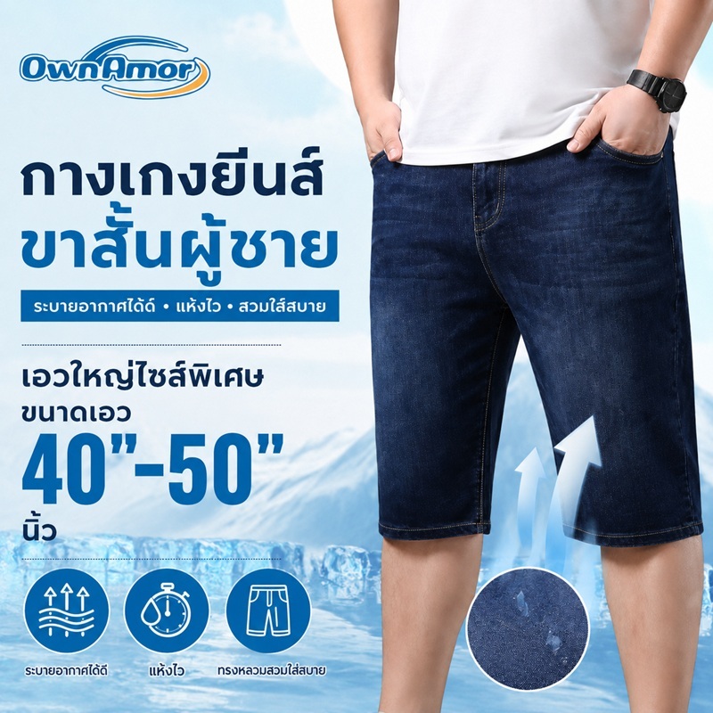 กางเกงขาสั้นผ้าเดนิมทรงตรงทรงหลวมระบายอากาศสําหรับผู้ชายขนาดบวก 40–50 นิ้ว