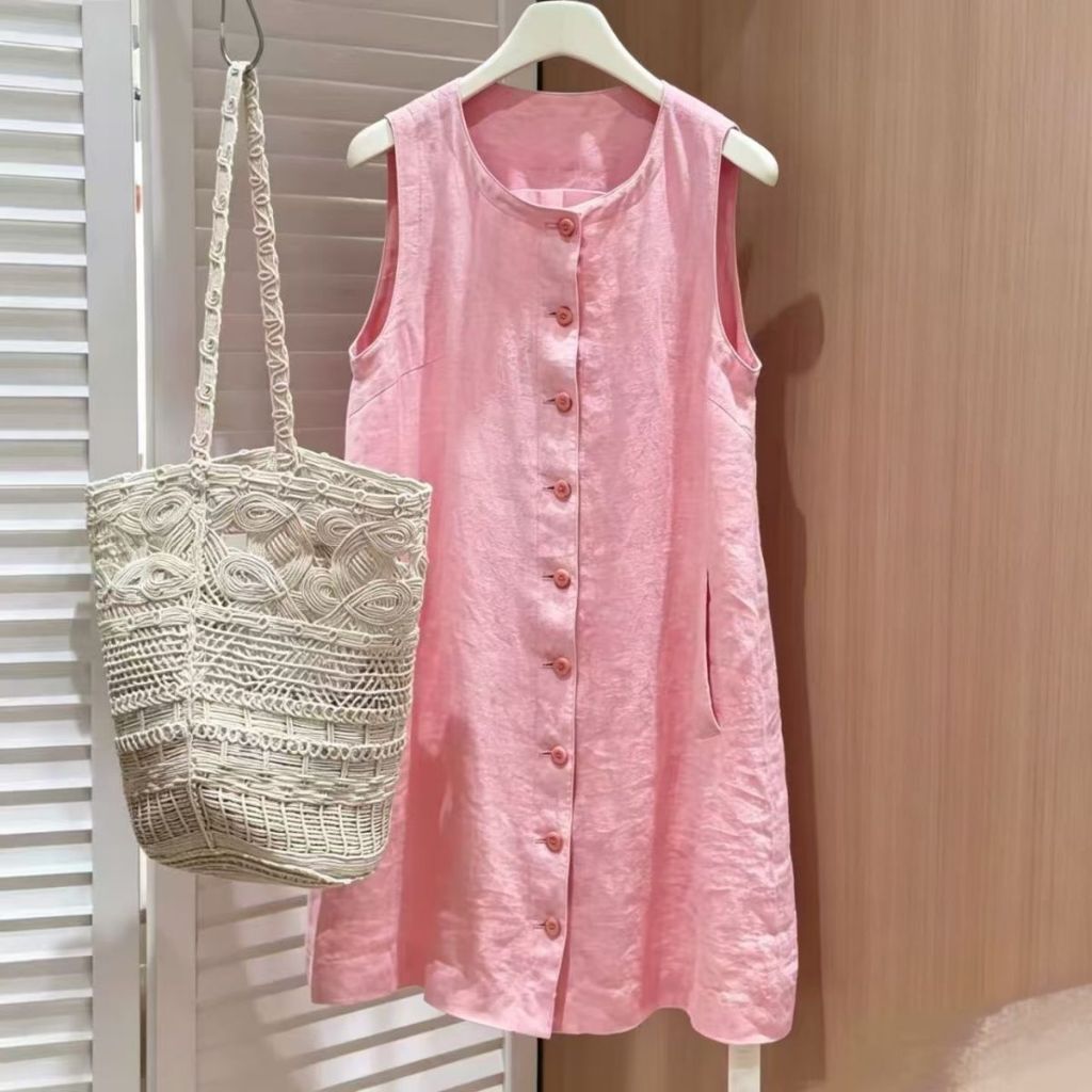 Girl Pink Temperament Age-Reduction All-Match ชุดเดรสเสื้อกั๊กผ้าลินินคอกลมแขนกุด