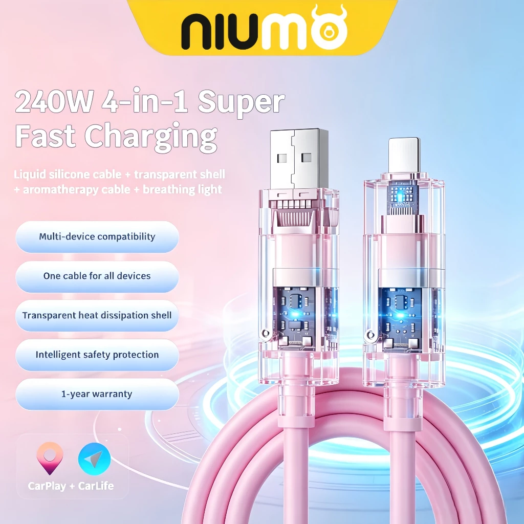 NIUMO สายชาร์จ 4in1 ตัวหัวโปร่งใส เห็นวงจรชิปภายใน ยาว1.2 เมตร สายซิลิโคนนุ่ม รองรับ PD Fast Charge รองรับ iPhone Type-C Micro Android ทุกรุ่น