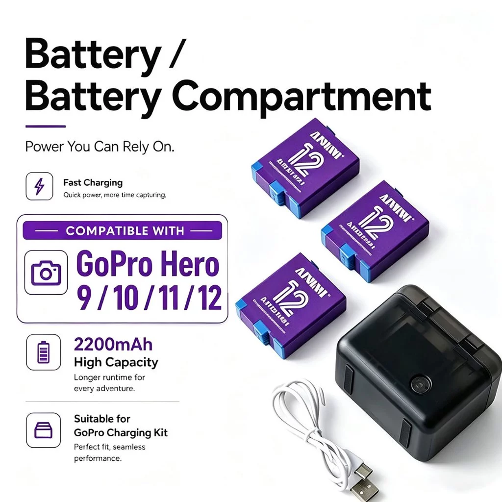 AJNWNM แบตเตอรี่สําหรับ GoPro Hero 12 11 10 9 2200 mAh แบตเตอรี่ 3 วิธี Fast Charger กล่อง TF Card Storage สําหรับ GoPro Hero อุปกรณ์เสริม