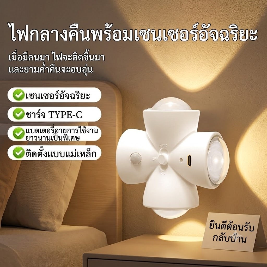ไฟเซ็นเซอร์ LED RGB 4 ดวง ชาร์จ USB-C แม่เหล็ก ไฟกลางคืนเปลี่ยนสี ห้องนอน บันได ทางเดิน
