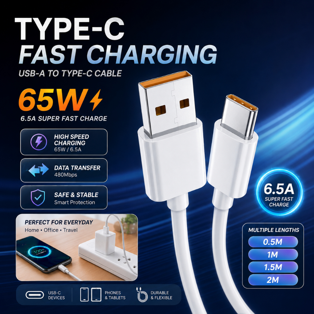 ชาร์จเร็ว 65W สาย USB-A to Type-C 6.5A รองรับโอนถ่ายข้อมูล มือถือแท็บเล็ต USB-C หลายความยาว 0.5-2m p