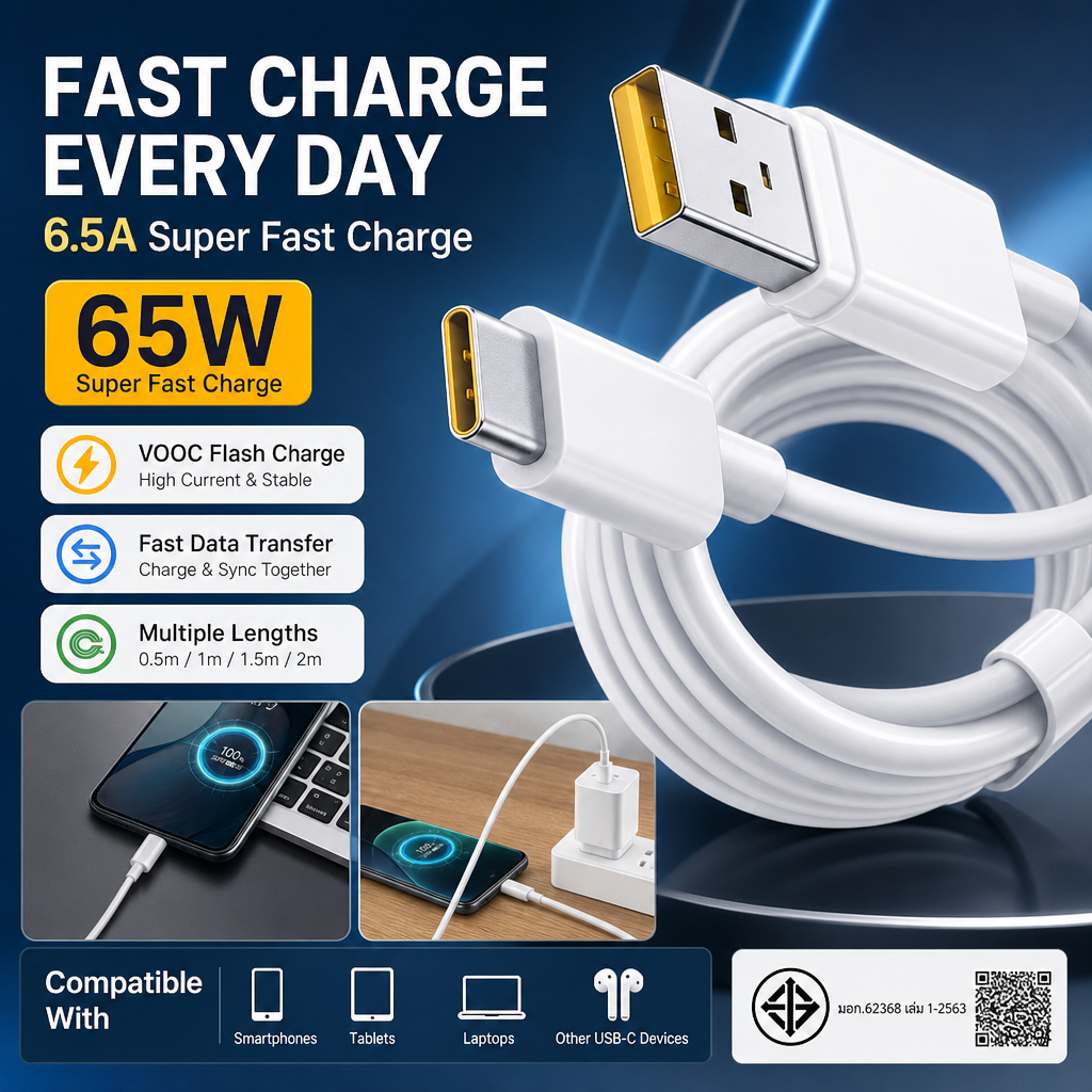 สายชาร์จเร็ว 65W Type‑C 6.5A รองรับชาร์จเร็วและถ่ายโอนข้อมูล หลายความยาว 0.5/1/1.5/2m ใช้ได้กับสมาร์