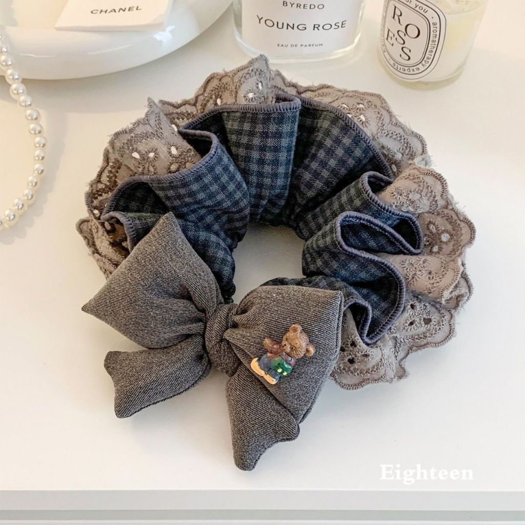 สไตล์ใหม่สไตล์เกาหลีสีเทาลูกไม้โบว์ Scrunchy ผม Tie เครื่องประดับผมระดับไฮเอนด์