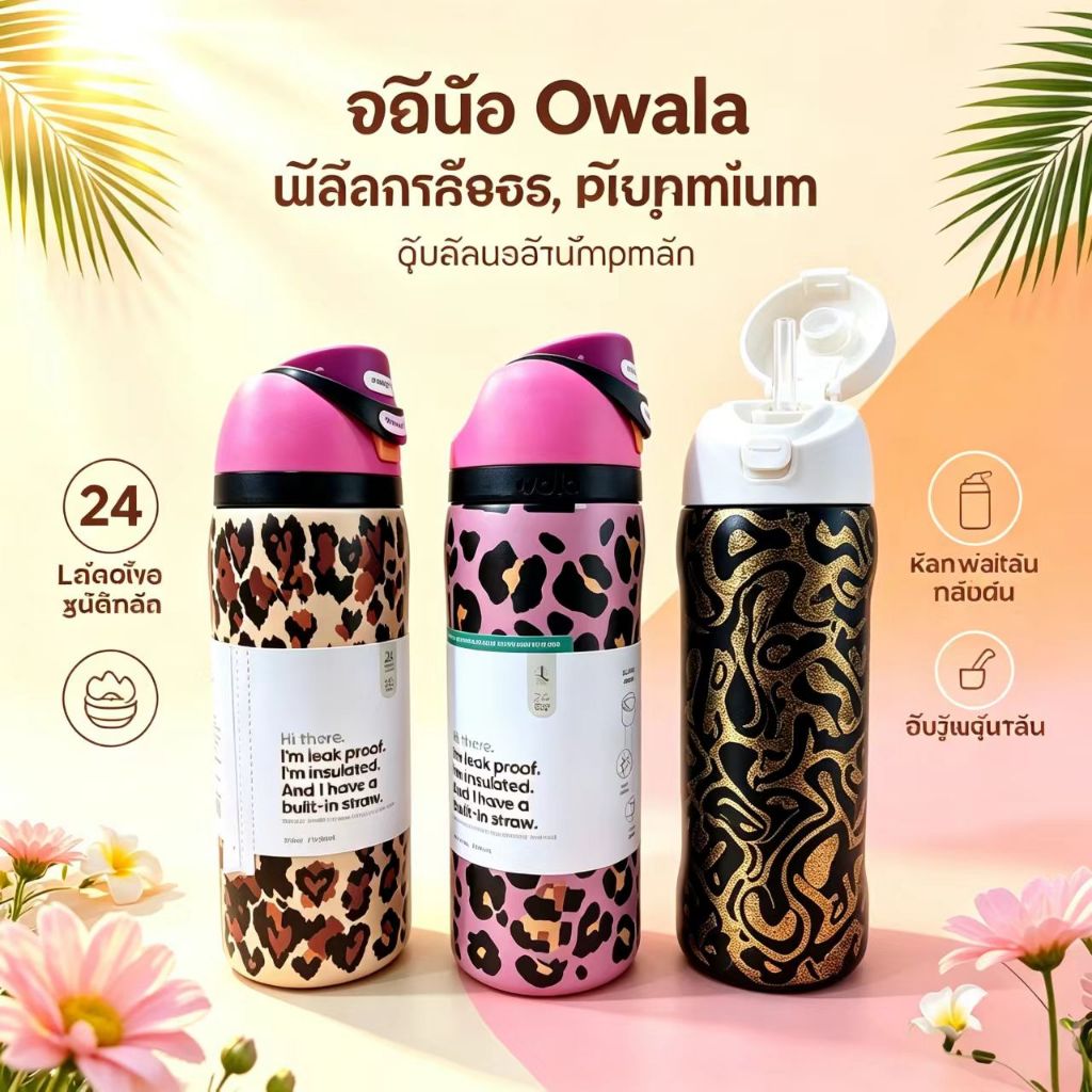 แก้วเก็บความเย็น Owala พร้อมสต็อก 2026 ดีไซน์อินฟลูเอนเซอร์ สแตนเลส304 สุญญากาศสองชั้น ฝาสปริงหลอด ลายผลไม้ ถ้วยกาแฟพกพา